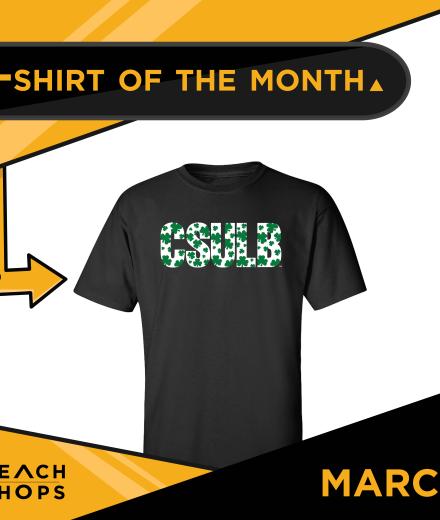 T Shirt with CSULB on it in white with green shamrocks layered through it. 