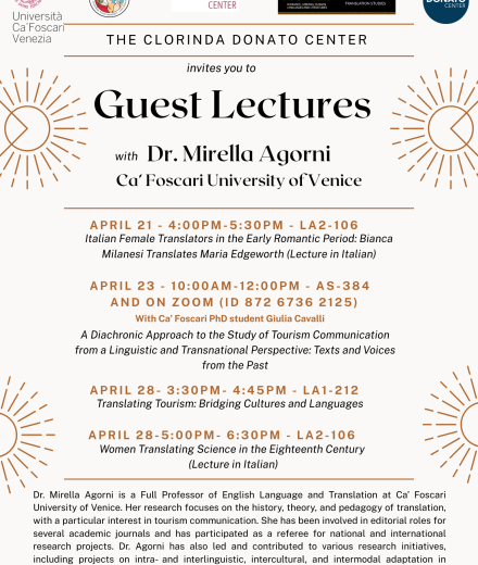 Flyer with Lecture titles, dates, and times for "Guest Lectures with Dr. Mirella Agorni"
