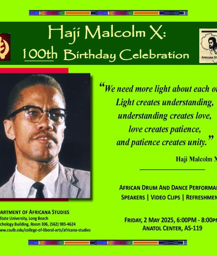 Flyer showing a photo of Malcolm X for event honoring 100th birthday