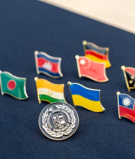 CSULB pin with international flag pins.