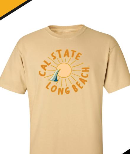 T Shirt with Cal State Long Beach text and a sun in the center with a fin of an animal intersecting it. 