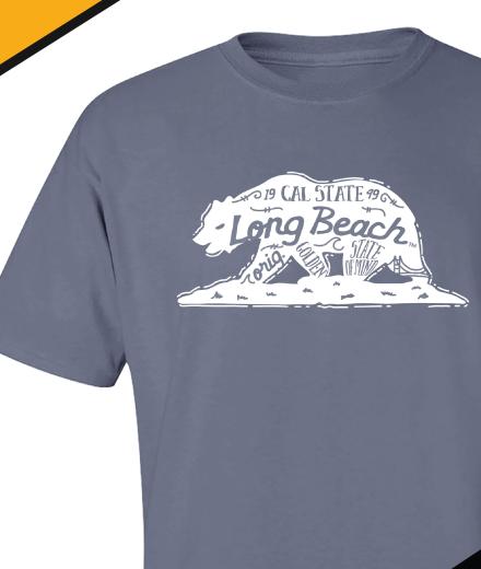 Silhouette of a bear that is the California State Seal with Cal State Long beach written over the silhouette. 