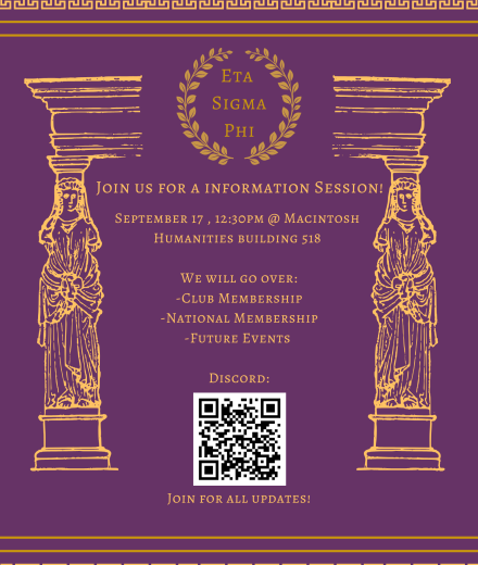 flyer with image of Karyatids and info on place and time