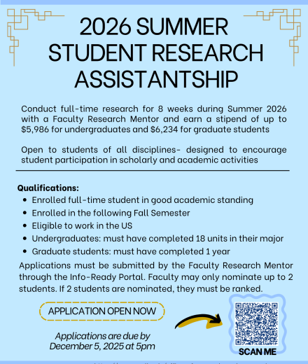 Flyer advertising the 2026 Summer Student Research Assistantship