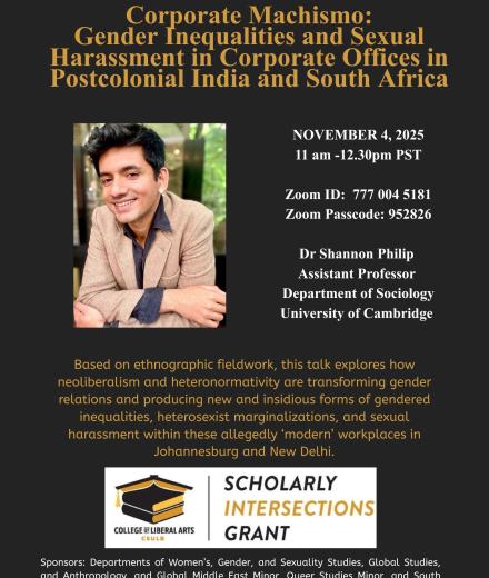 Corporate Machismo Gender Inequalities and Sexual Harassment in Corporate Offices in Postcolonial India and South Africa virtual talk flyer