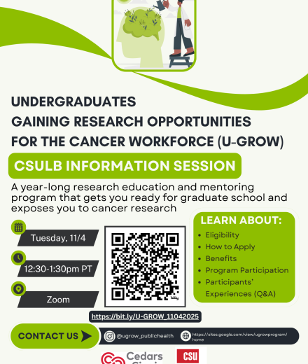 Flyer of Undergraduates Gaining Research Opportunities for the Cancer Workforce (U-GROW) CSULB information session 