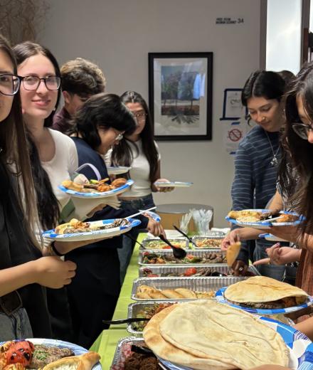 students in food line