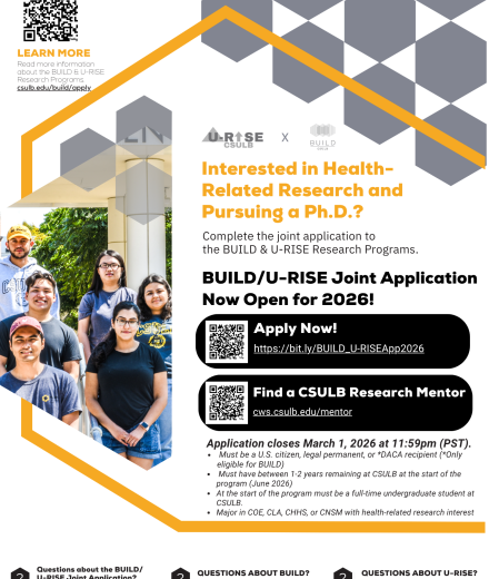 Decorative flyer advertising the opening of the BUILD/U-RISE Joint Application for the 2026-2027 academic year