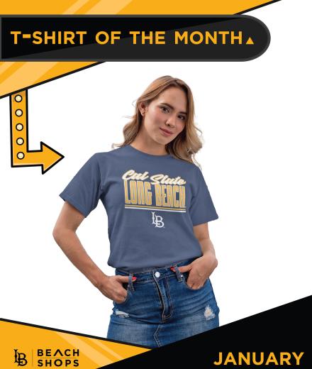 Female student wearing a shirt that is a grayish blue color and has the words Cal State Long Beach written on the front in yellow and white. 