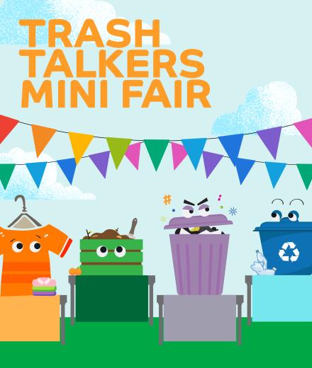 graphic of three different waste bins and a shirt on a hanger with eyes