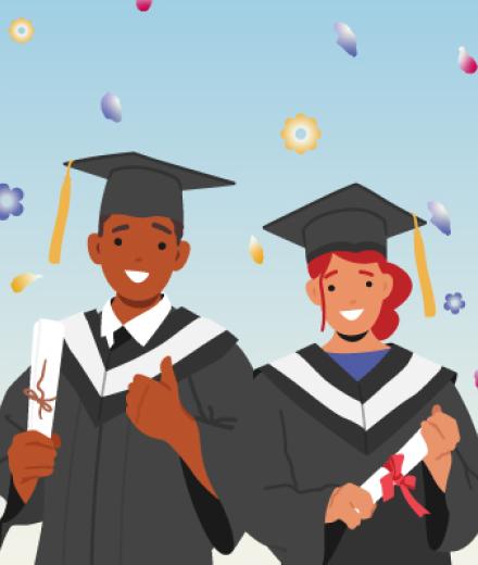 two graduates holding diplomas with confetti in the background