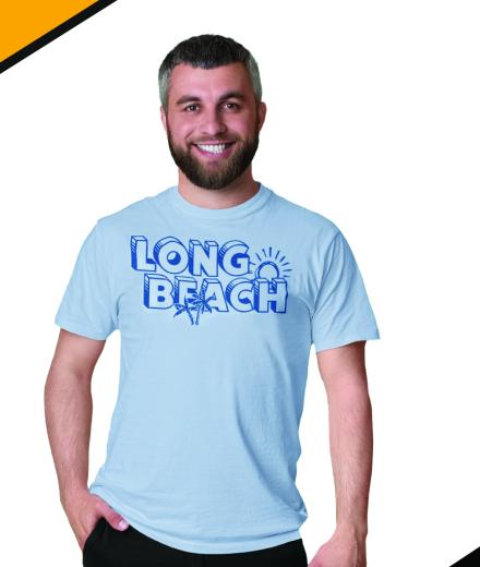 A light blue shirt with LONG BEACH written in block letters with a sun above the H in Beach. 