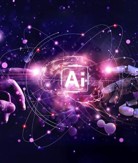 human hand and robot hand pointing towards brain and Ai icon in the center