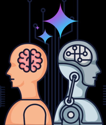 illustration person and robot with ai icons