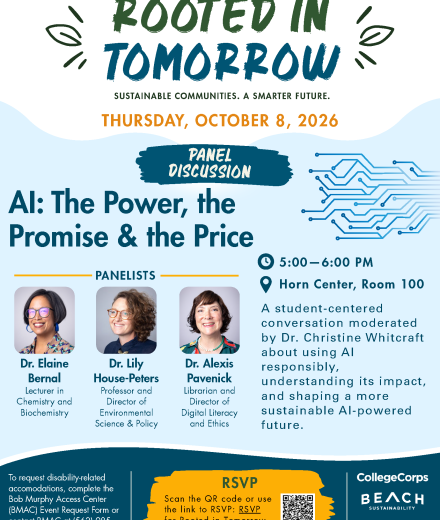A flyer with a blue background and text reading rooted in tomorrow