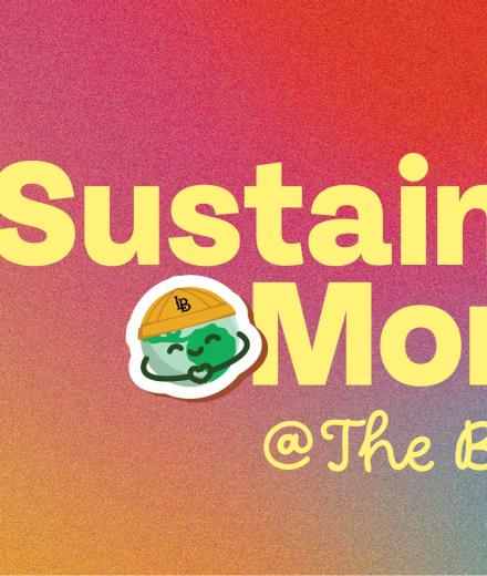 Colorful background with yellow text saying Sustainability month