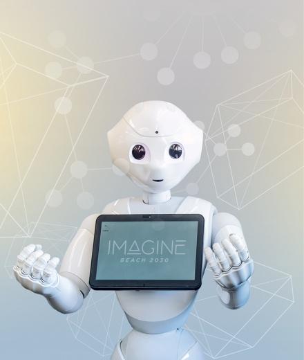 robot with IMAGINE BEACH 2030 logo