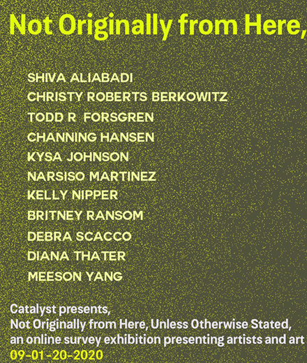 Digital flyer advertising the exhibition 'Not Originally from Here, Unless Otherwise Stated'