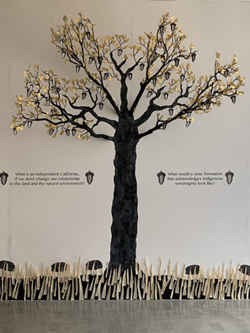 Gallery exhibit of a 3D tree with acorns
