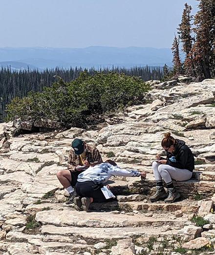 geology students studying rock formations in the field