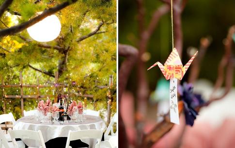 Two photos side-by-side. On the left, a white wedding guest table. On the right, a small hanging paper crane.