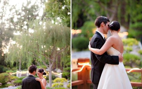 Two photos side-by-side. On the left, the dancing bride and groom beneath the leaves of a willow in the background. On the left, a full shot of the bride and groom dancing.