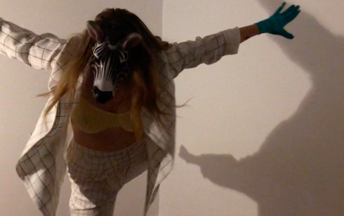 Dancer in a zebra mask and checkers suit extends limbs while trapped in a corner.