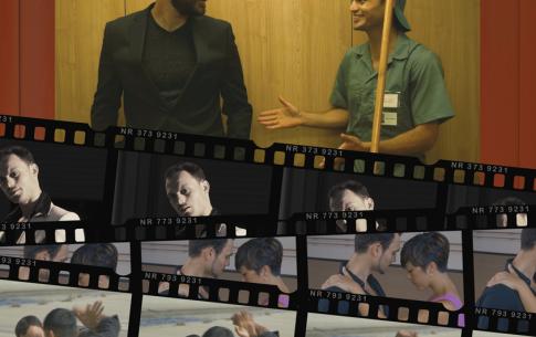 The "Janitor" Don't judge a book by its coveralls. Gregory R.R. Crosby is in a dark suit next to Artur Lago-V who is dressed in a backwards baseball cap, coveralls with a name tag and holding a mop. There are three film strips below then with other actors