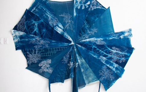 Medicine Wheel; Cyanotype, Scrim, Embroidery, Sewing, String and Mounted on Bar, 2020