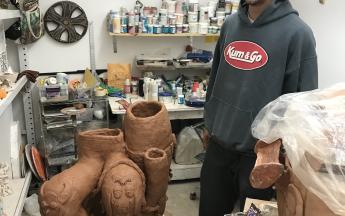 Artist in residence Sharif Farrag sculpting in the CCC studio, 2020.