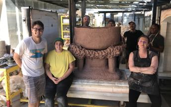 CSULB Ceramic Arts students and Center for Contemporary Ceramics artists in residence with work in progress by artist Nicki Green (foreground, right), Summer 2020