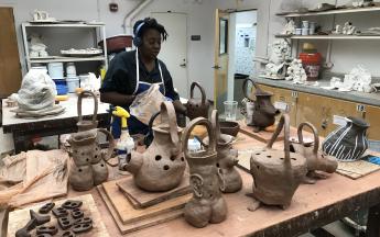 Artist in residence Cauleen Smith, making sculptures inspired by functional forms, 2019.