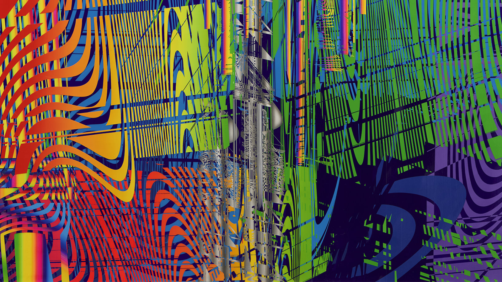 Painting called Tony's painting by Linda Besemer. vibrant multicolored visual abstraction with curves 