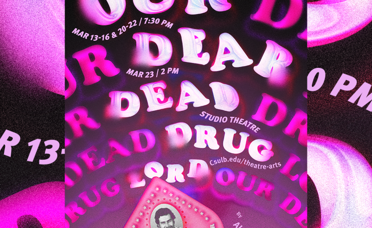 A poster for Our Dear Dead Drug Lord. A heart-shaped Ouija board planchette with an image of Pablo Escobar at the center is at the bottom of the image. 