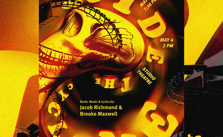 The poster for Ride the Cyclone displays a twisting roller coaster track and distorted skull.