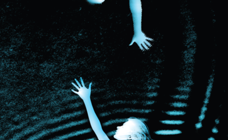 two people reach out to each other, one from above, the other from below. It is in black and blue