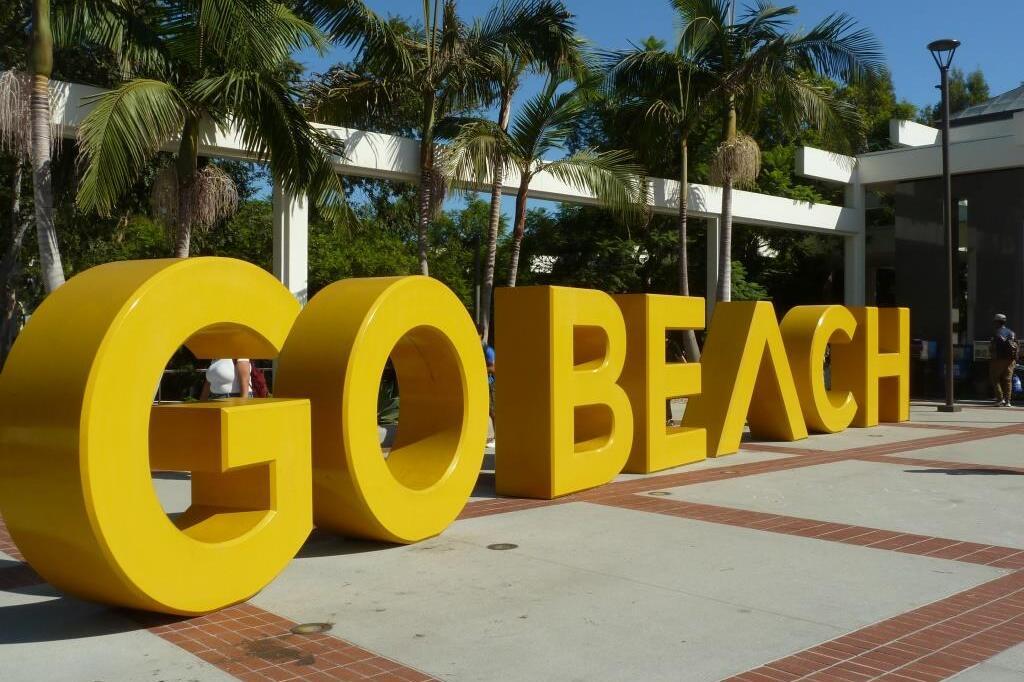 Image of infamous GO BEACH sign at the heart of the campus, the Student Union.