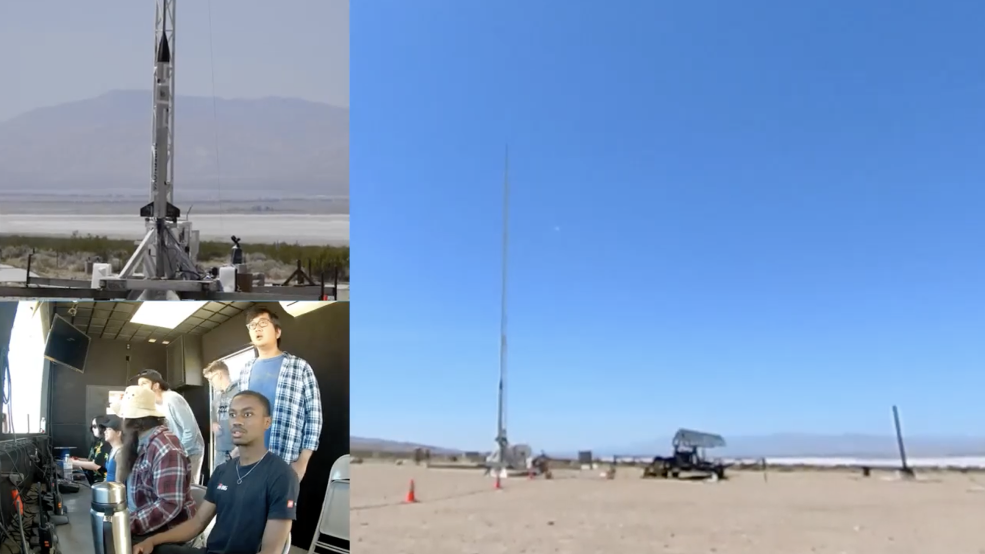 A still from a split-screen video showing student watching a rocket launch