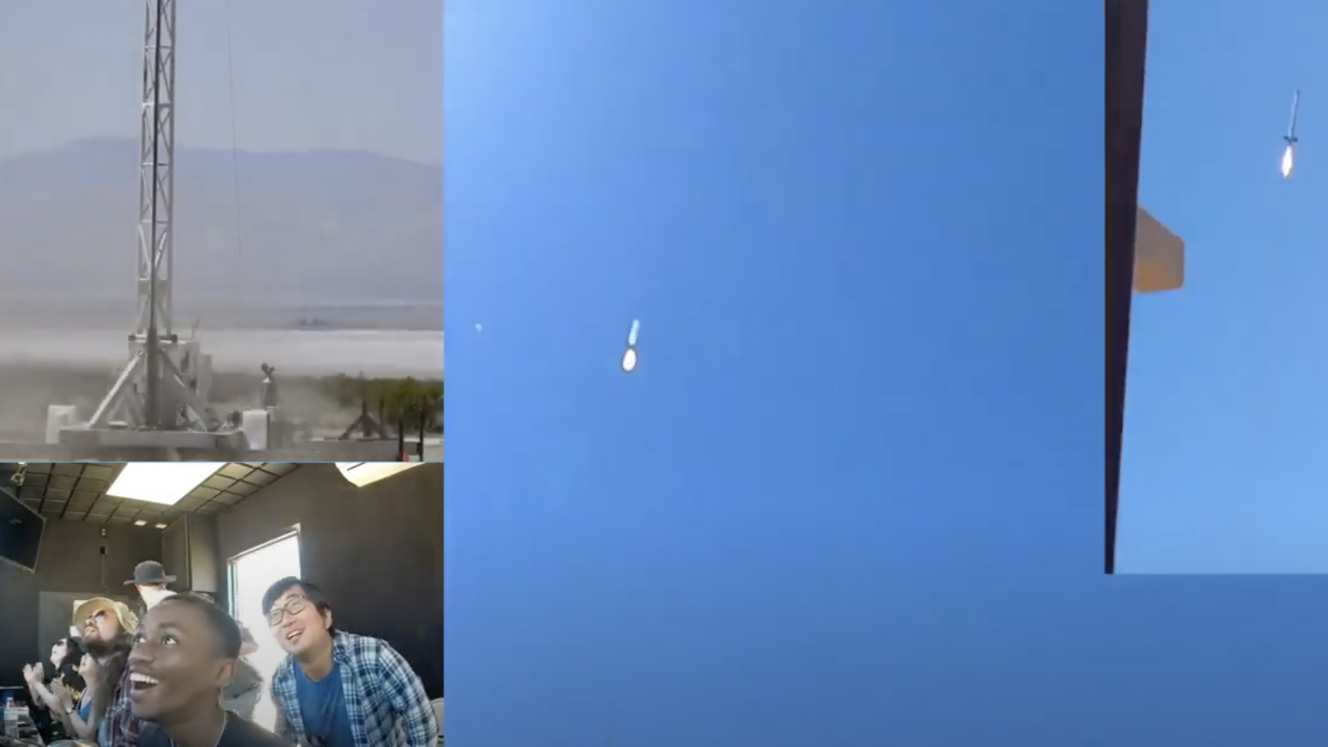 Still from a split-screen video showing students smiling as a rocket launches