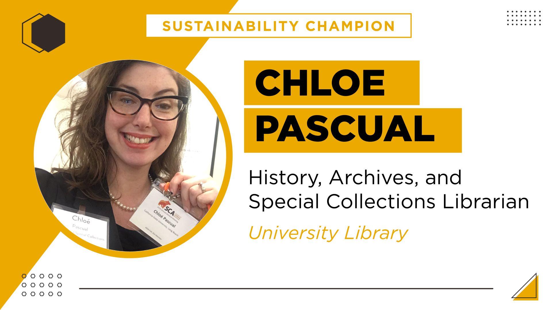 Chloe with yellow text that reads Sustainability Champion