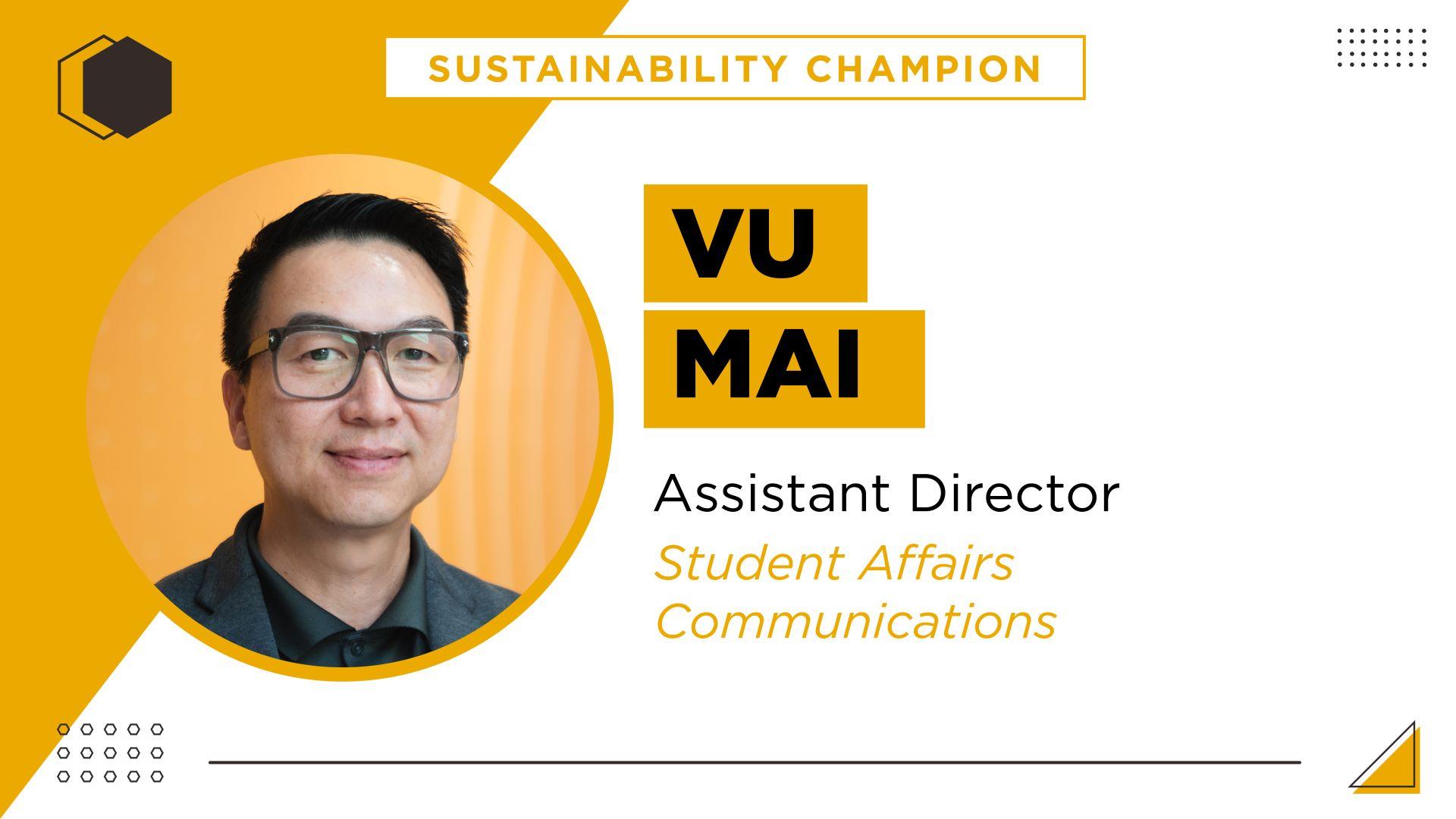 Vu with yellow text that reads Sustainability Champion