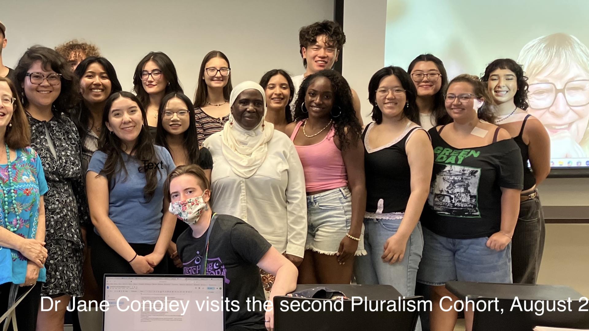 students and Jane Conoley on zoom screen