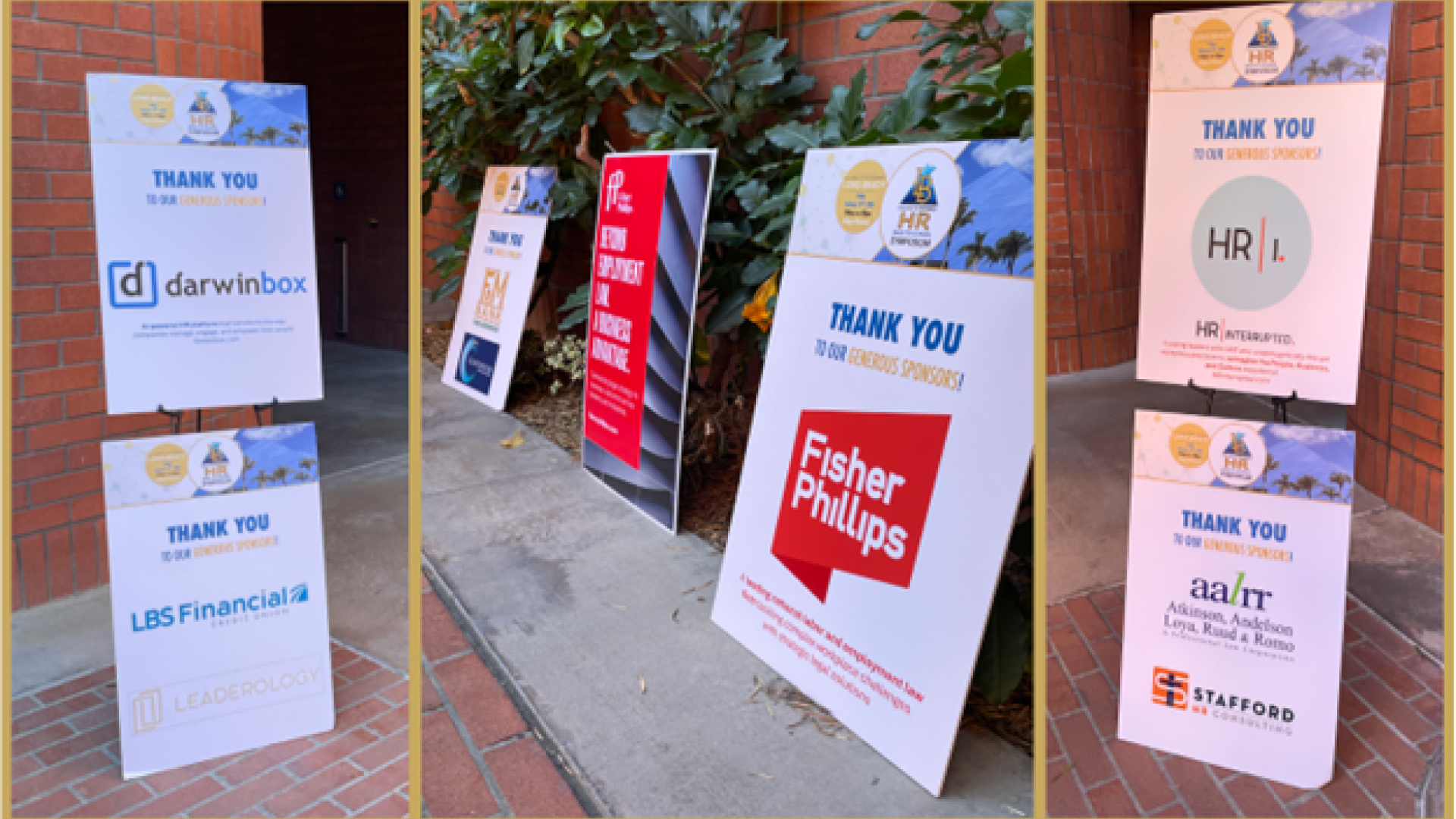 signs at the HR Symposium thanking the sponsors