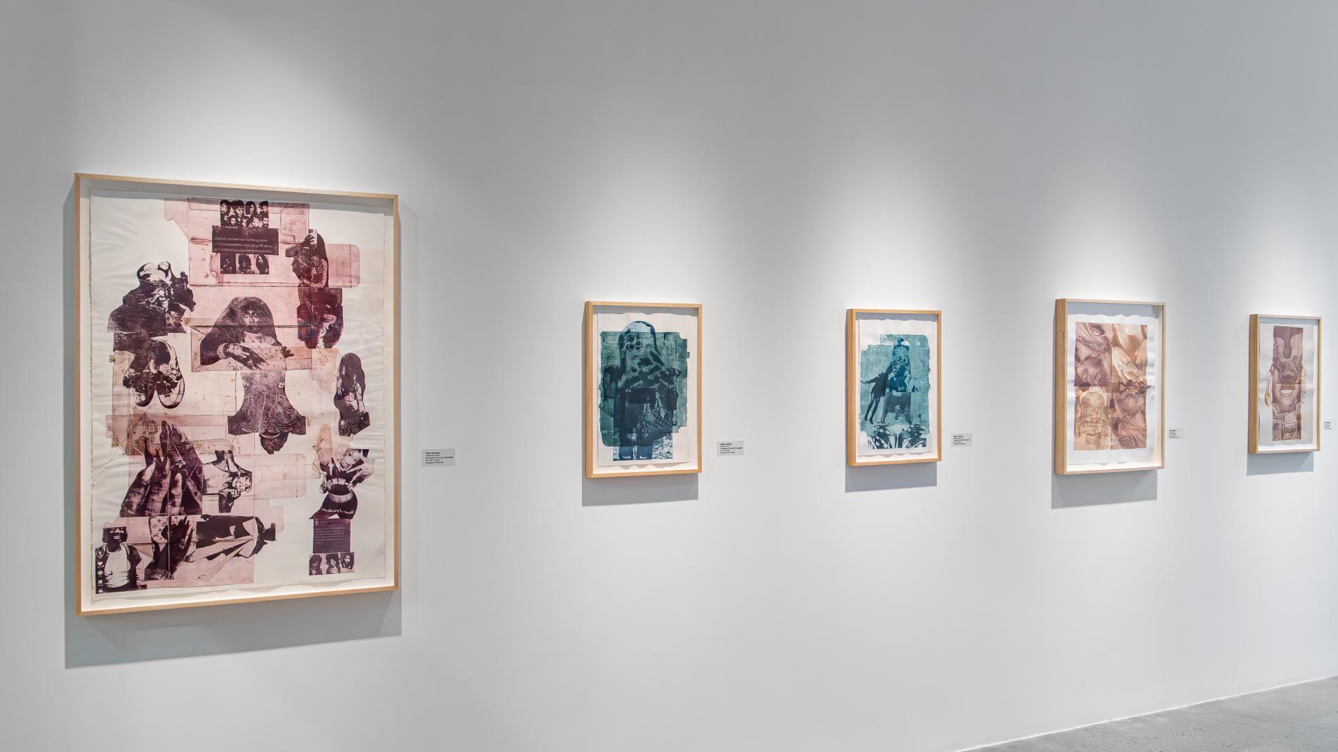 Five framed art pieces by artist Jillian Thompson hung on gallery walls