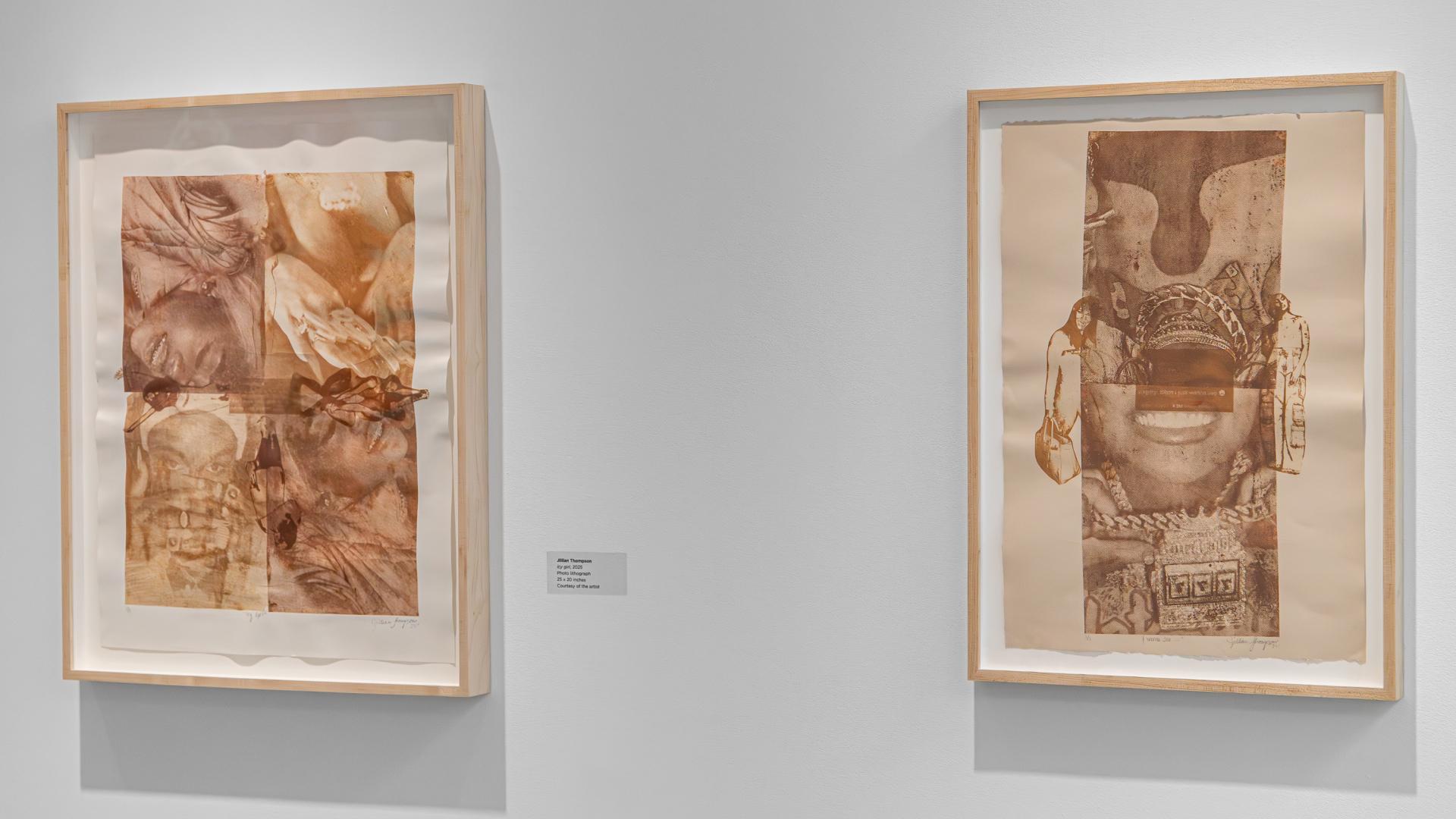 Two framed art pieces by artist Jillian Thompson hung on gallery walls