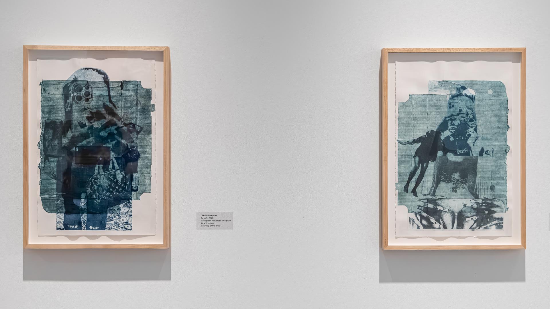 Two framed art pieces by artist Jillian Thompson hung on gallery walls