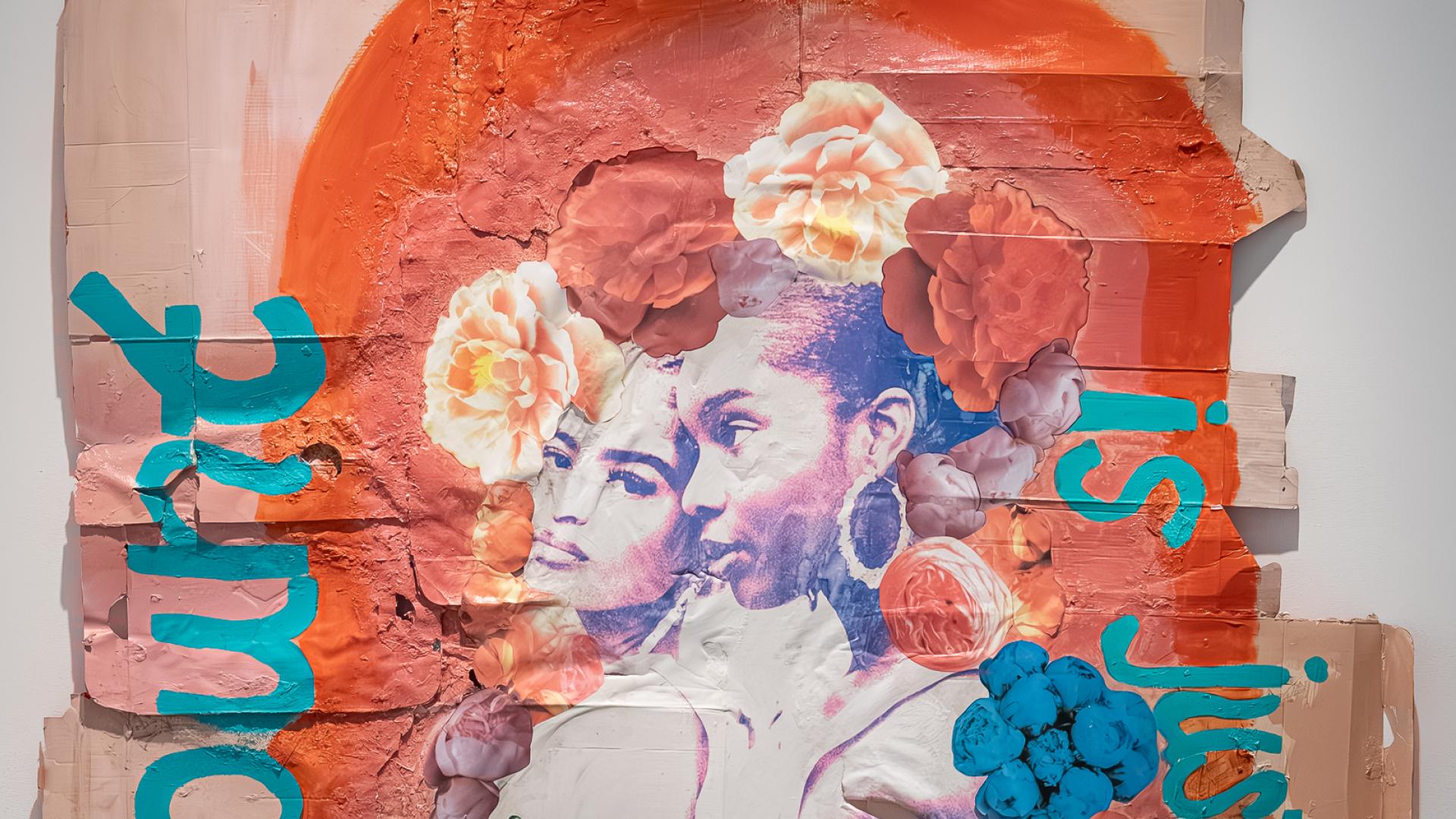 Close up of an art piece by artist Jillian Thompson hung on gallery walls