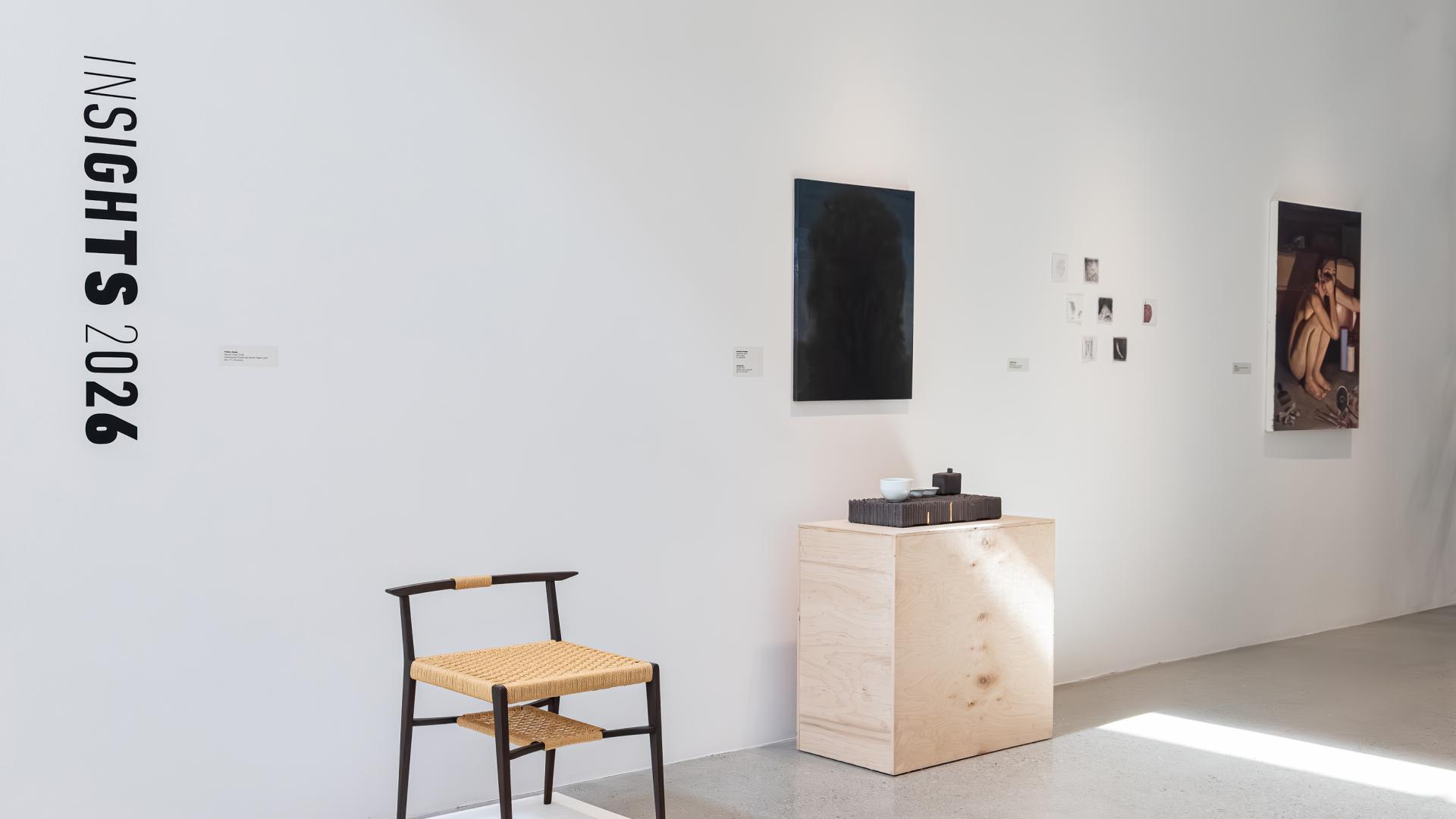 Five pieces of artwork on display in the university art museum
