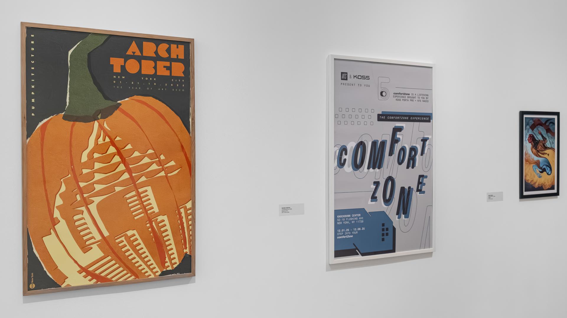 Three framed artworks are on display in the university art museum
