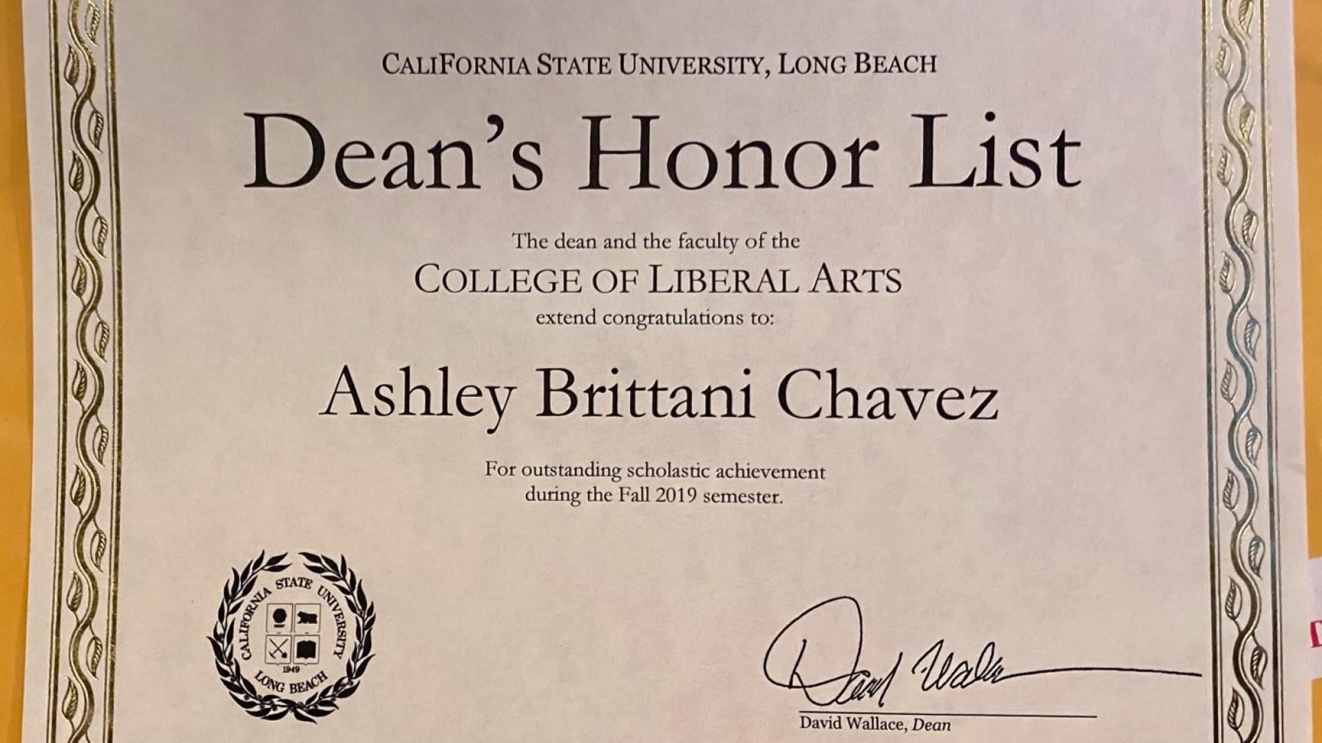 a photo of the certificate I received for being on the Dean’s honor roll